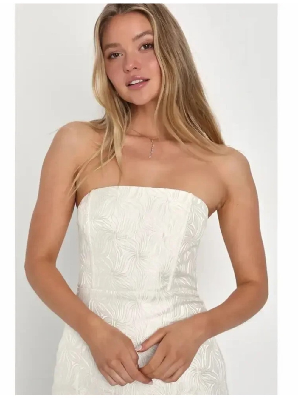 Lulus Bubbly Beauty NWT size Large Ivory Jacquard Strapless Bustier Mini Dress - Picture 2 of 15